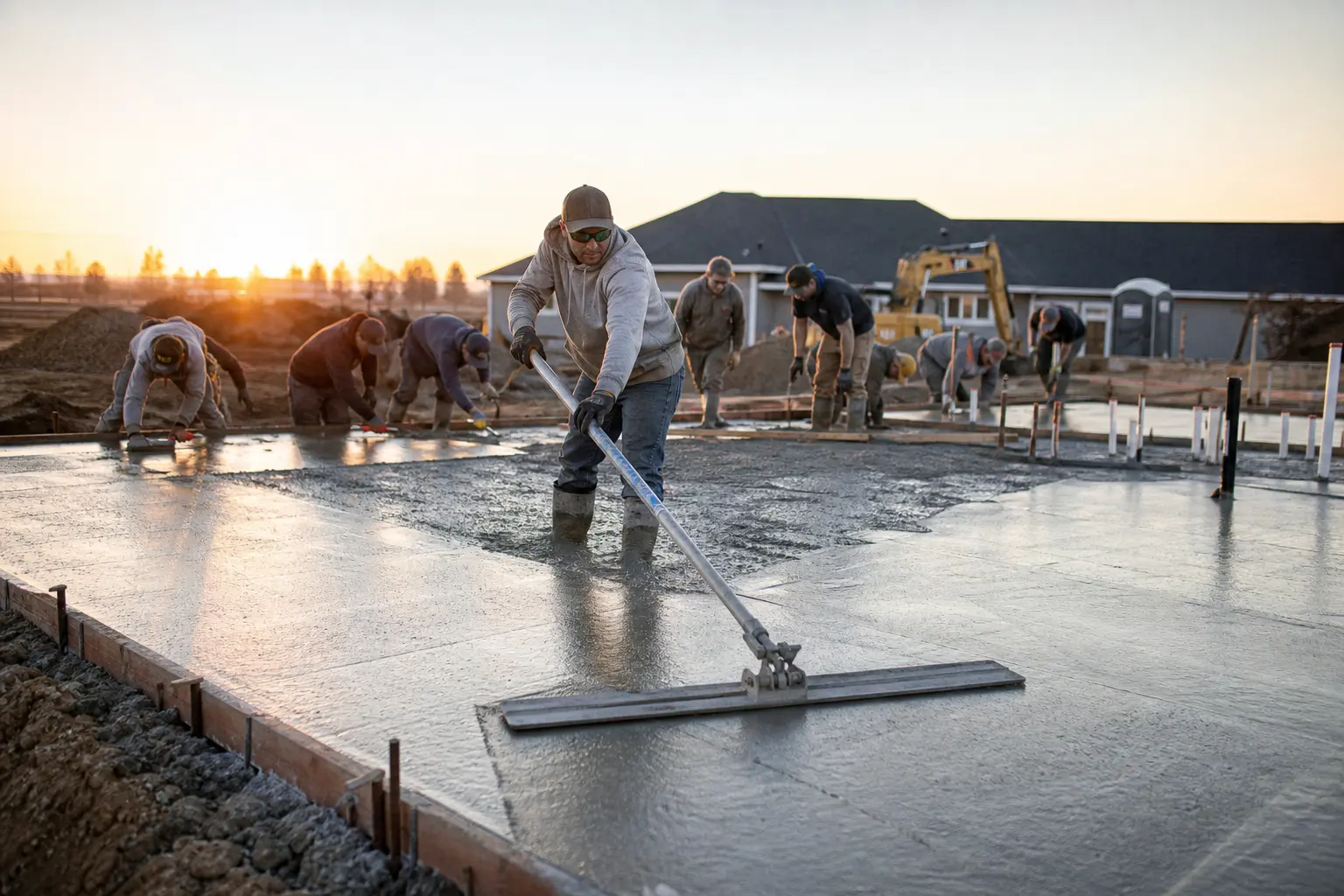 The Belmont Concrete crew finishing a fresh slab pour at golden hour
