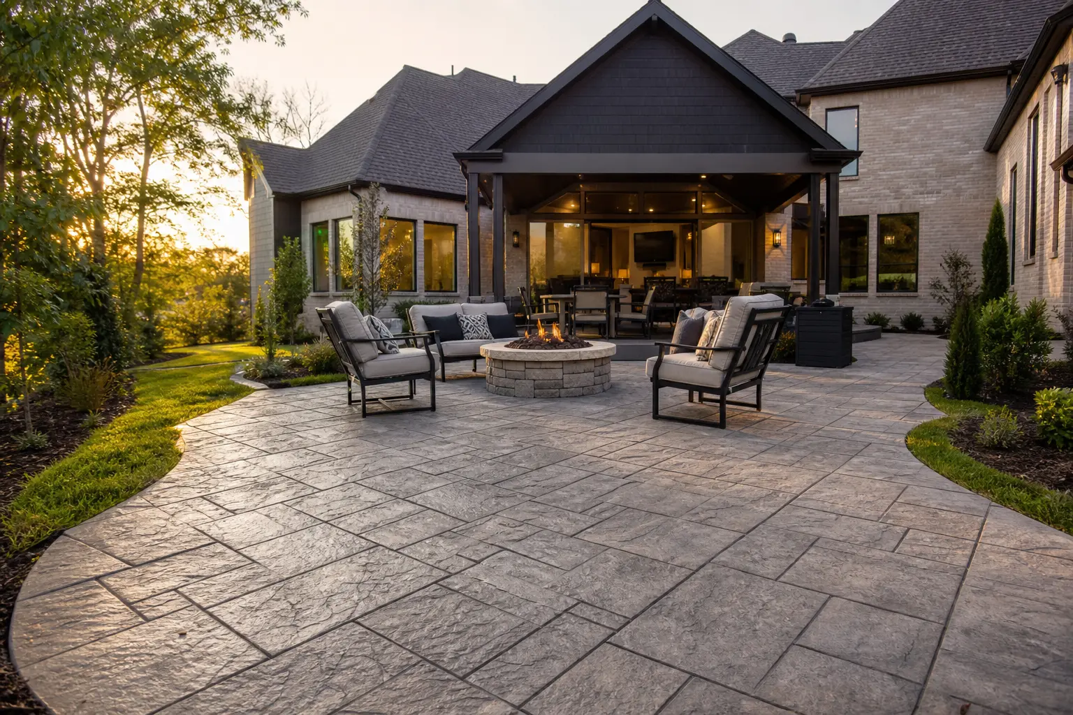 Stamped concrete patio with a fire pit behind an upscale Oklahoma City home